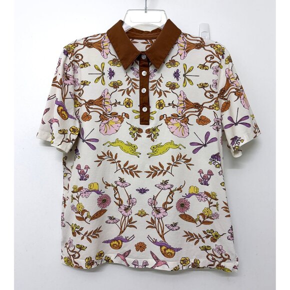 Tory Burch Ivory Rabbit Field Printed Mercerized Polo T Shirt Floral Bunny M - Picture 3 of 15